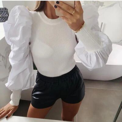 Fashion White Puff Sleeve Blouse Shirt Women Autumn O Neck R