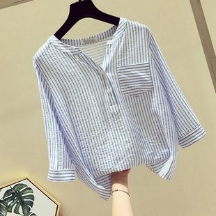 Stripe Elegant Blouses Women Fashion V-neck Button Women's S