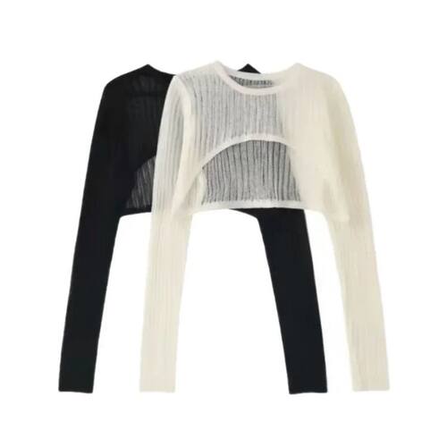 O Neck Long Sleeve Knit Shirt Women Ribbed Sexy Hollow Out C