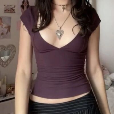 Fairy Coquette Y2K Vintage Skinny T-Shirt Sexy Low Cut V Nec