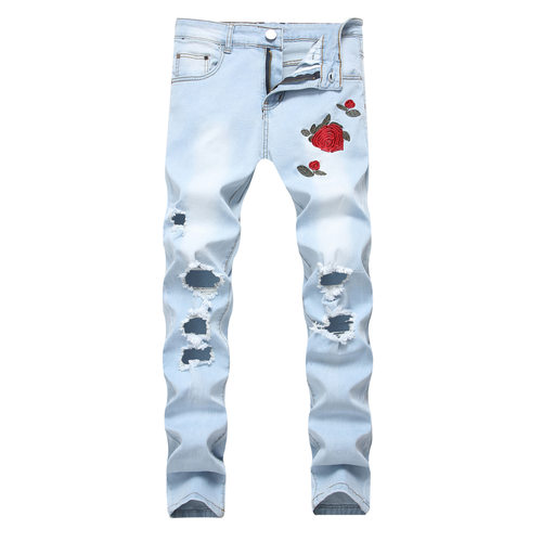 Supply Source Men's Embroidered Rose Flower Denim Ripped Lig