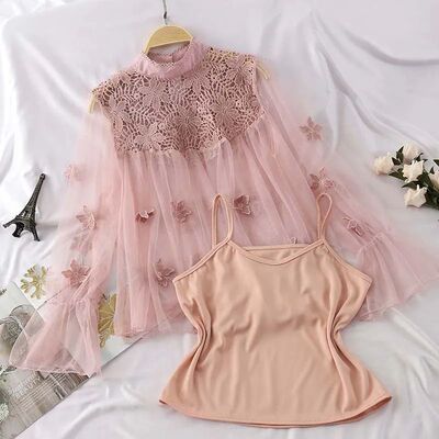 Women Blouse Autumn Turtleneck Shirt Sweet Floral Embroidery