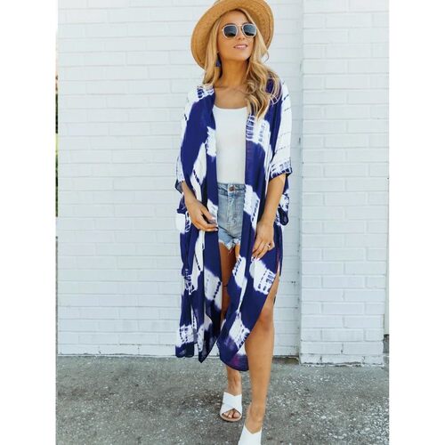 Tie-Dye Chiffon Long Cardigan Summer Light Women Kimono Blue