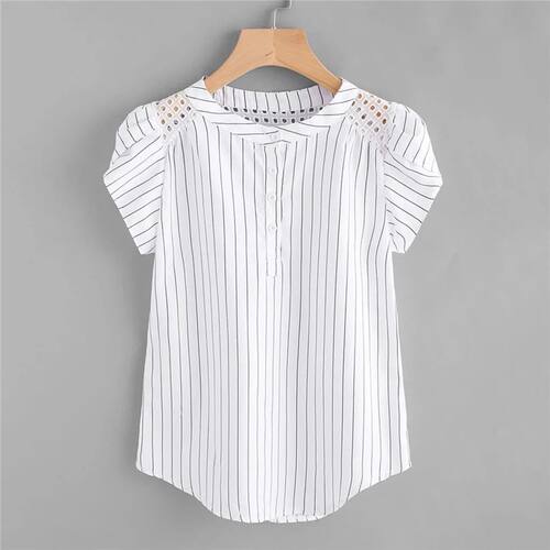 Fashion Blouses Striped Print Shirt ops Hollow Out Short But