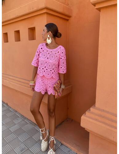 New Crochet Hook Flower Hollow Loose Shorts Set Women Casual