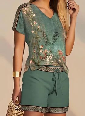 Elegant Two Piece Sets Women Outifits Casual Short Sleeve Fl