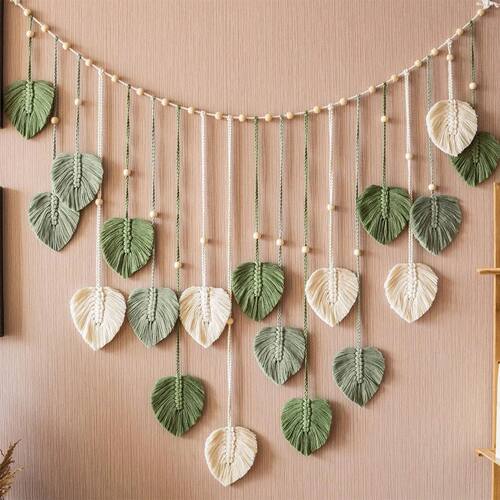 1 Pc Green Leaves Garland, Macrame Wall Art, Above Bed Decor
