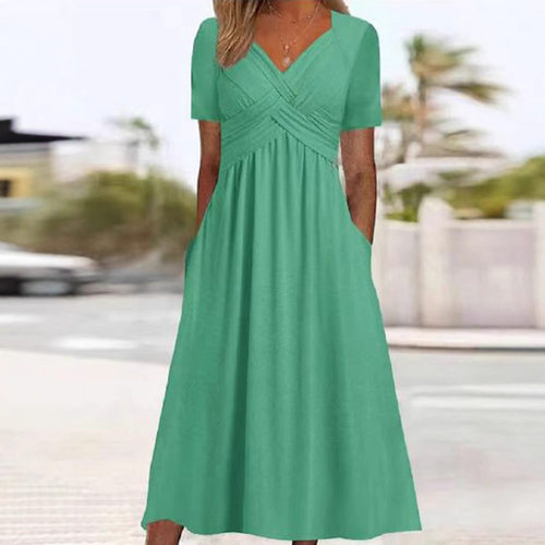 2025 Solid lor V Neck Short Sleeve Personalized Dress Women'