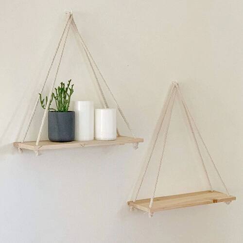 Wooden Rope Swing Wall Hanging Plant Flower Pot Tray Mounted