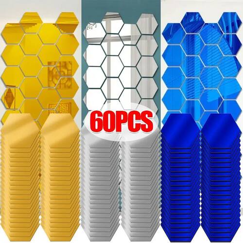 1/60pcs Hexagon Mirror Sticker 3D Mirror Acrylic Wall Sticke