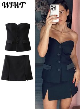 Elegant Top Skirt 2 Piece Set Women 2024 Black Button Strapp