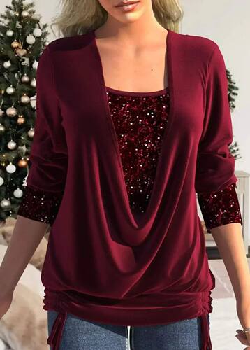 6 Colors Sequin Blouse Women Luxurious Solid Color O Neck Lo