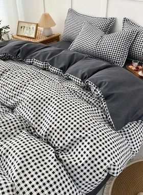 Black White Small Checks Printed Bed Set Floral Duvet ver Pi