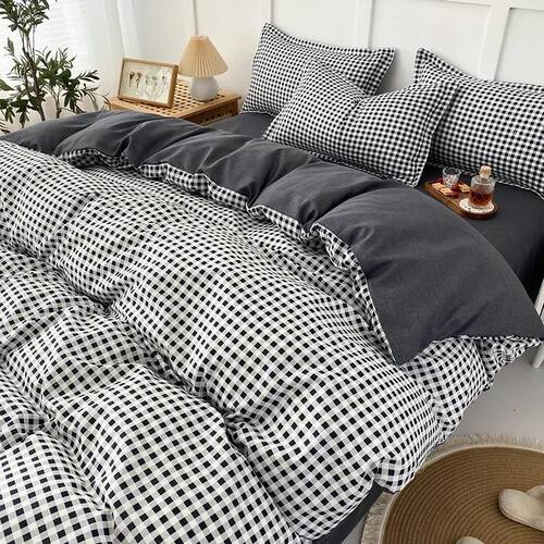 Black White Small Checks Printed Bed Set Floral Duvet ver Pi