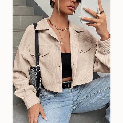 Spring Drop Shoulder Flap Detail Crop Corduroy Jacket Long S