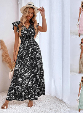 2025 Women's V-neck Tight Waist Dress Ruffled Elegant Dress