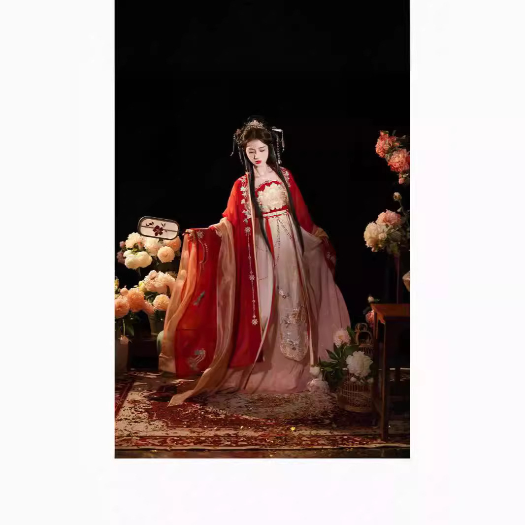 洛川汉服女原创唐制齐胸诃子裙婚服重工刺绣大袖衫国风秋冬套装红