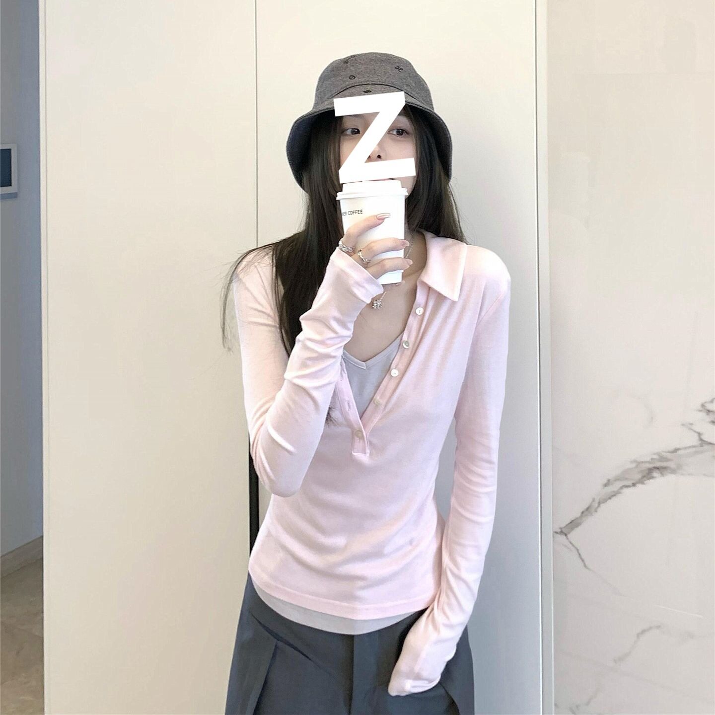 韩系少女粉色假两件v领长