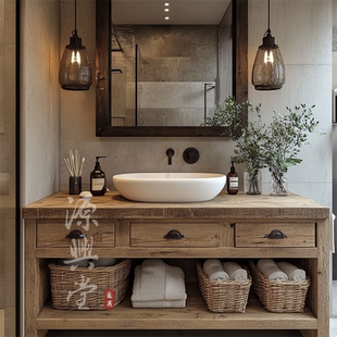 源兴堂洗漱台洗手池洗脸盆侘寂风实木浴室柜组合卫生间洗漱台民宿