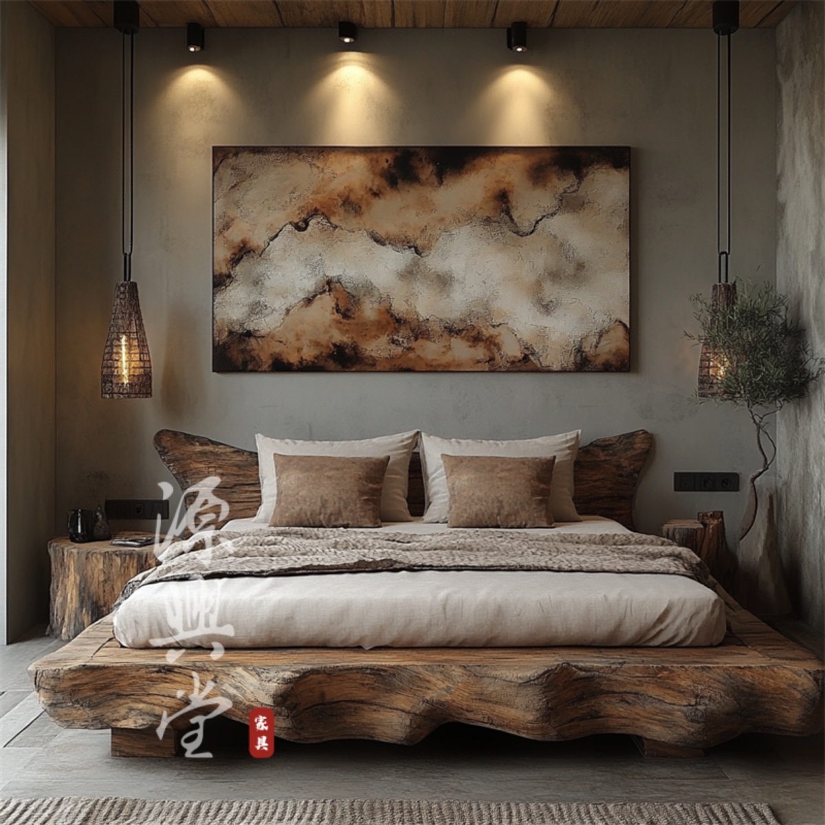 侘寂风实木双人床 复古纯实木床中式床落地床可订做民宿床大床2米