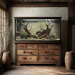 实木鱼缸 侘寂风民宿酒店观赏鱼缸 水族箱底柜落地缸超白玻璃鱼缸