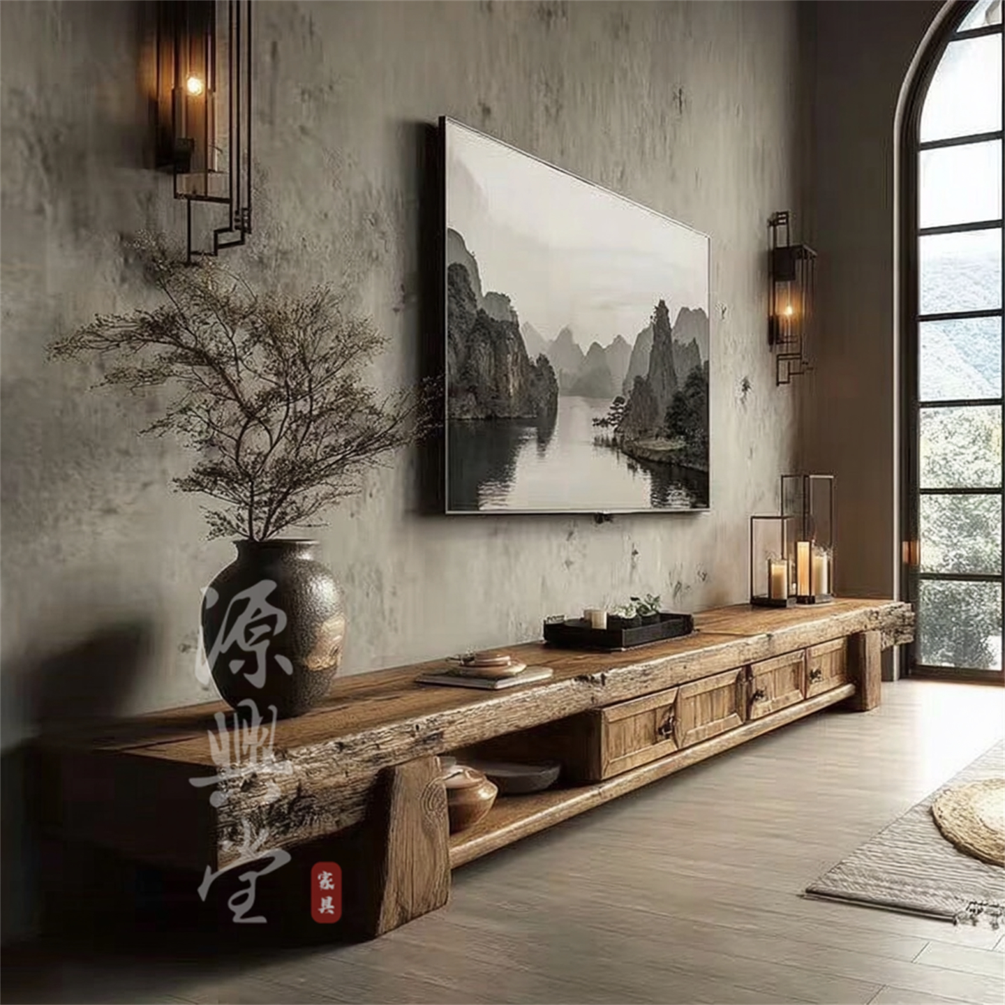 源兴堂定制侘寂风实木古木落地矮柜中古家具客厅复古电视柜