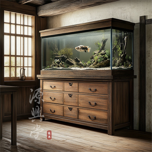 实木鱼缸 水族箱底柜落地缸超白玻璃鱼缸民宿酒店 观赏鱼缸侘寂风