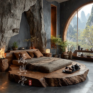 侘寂风实木大床源兴堂 2米双人床异形圆床民宿酒店床中古风主卧床