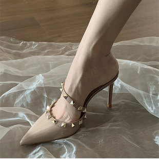 百搭外穿半拖鞋 裸色高跟鞋 铆钉尖头一字带凉拖鞋 新款 女 女2026夏季