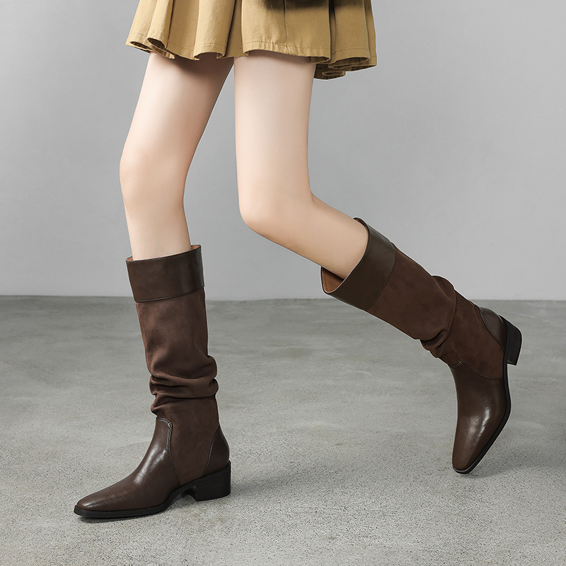 巨显腿长2025年新款高筒堆堆靴尖头骑士靴复古长筒靴女不过膝靴子