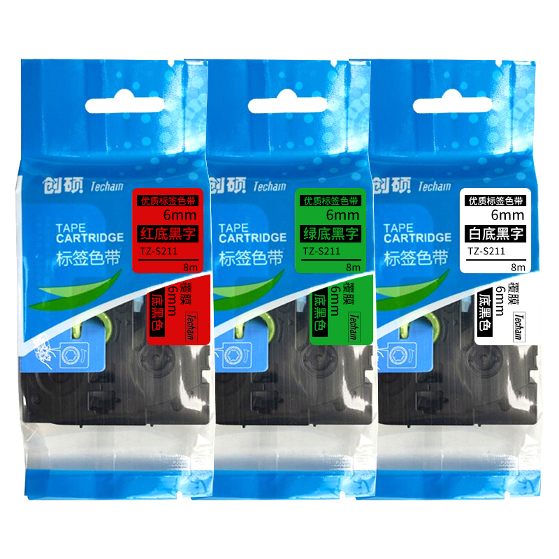 创硕色带TZ-S211适用PT-P900/E550W/18RZ等标签打印机6mm可选白/红/绿/蓝/透明/银/黄底黑字标签纸1卷