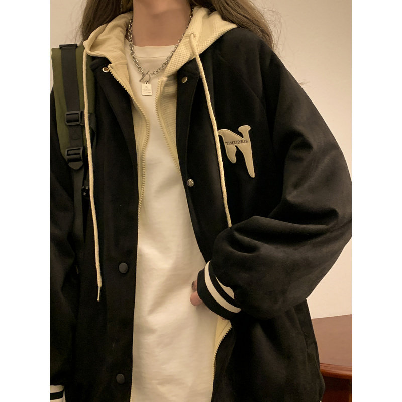 假两件外套女春秋季2024新款连帽卫衣美式棒球服夹克胖mm大码上衣