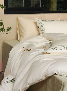 A类100S长绒棉提花四件套全棉竹叶刺绣纯棉白色床单被套床上用品