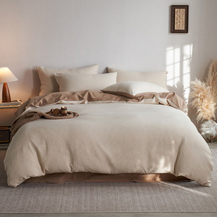 高端秋冬加厚全棉磨毛四件套纯棉简约色织提花被套复古风床上用品