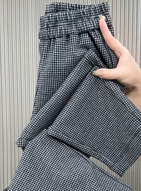 女裤气质高腰舒服百搭欧货烟管裤松紧腰千鸟格九分休闲裤