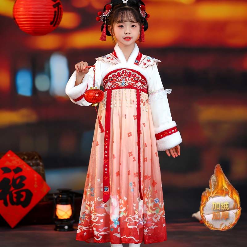 汉服女童连衣裙冬季2025新款加厚超仙中国风古装新年装拜年服裙子
