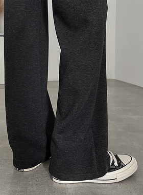 加绒毛呢阔腿裤女秋冬季2024新款人字纹加厚裤子小个子窄版直筒裤