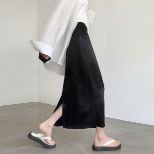 国风肌理感高端缎面长裙 松紧腰新中式 黑色醋酸半裙女夏季 2024新款