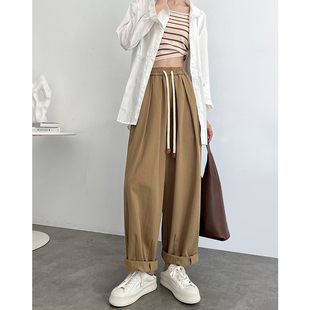 卡其色工装裤女春秋季2023新款显瘦日系抽绳休闲直筒阔腿