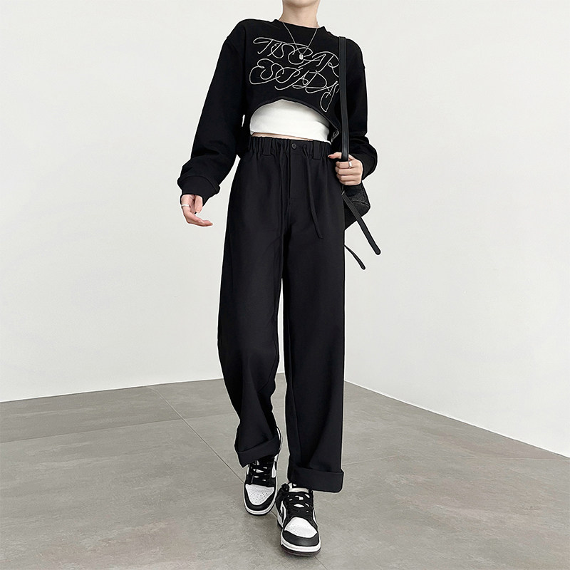 黑色工装裤女款2025新款高腰显瘦绑带日系宽松休闲直筒窄版阔腿裤