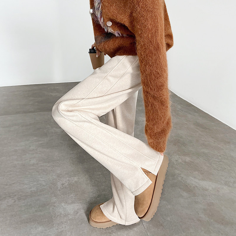 人字纹加绒阔腿裤女冬2025新款宽松慵懒开叉显瘦直筒窄版毛呢裤子,女装/女士精品,休闲裤,淘宝优惠券,粉丝福利购,淘宝优惠卷