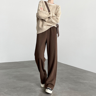 毛呢人字纹直筒美拉德裤 高腰窄版 子 女秋冬2024新款 咖色加绒阔腿裤