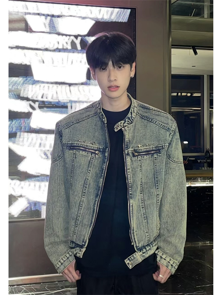 가을 남성용 쇼트 숄더패딩 데님 재킷 워싱 앤 디스트레스드 니치 디자인 재킷 고급스럽고 핸섬한 남성복