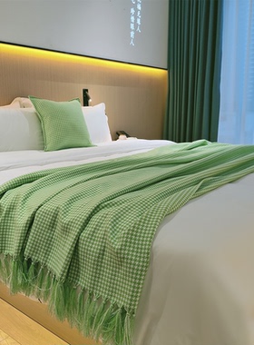 民宿果绿色千鸟格床尾巾床旗样板房搭毯床尾毯床上搭巾沙发盖毯
