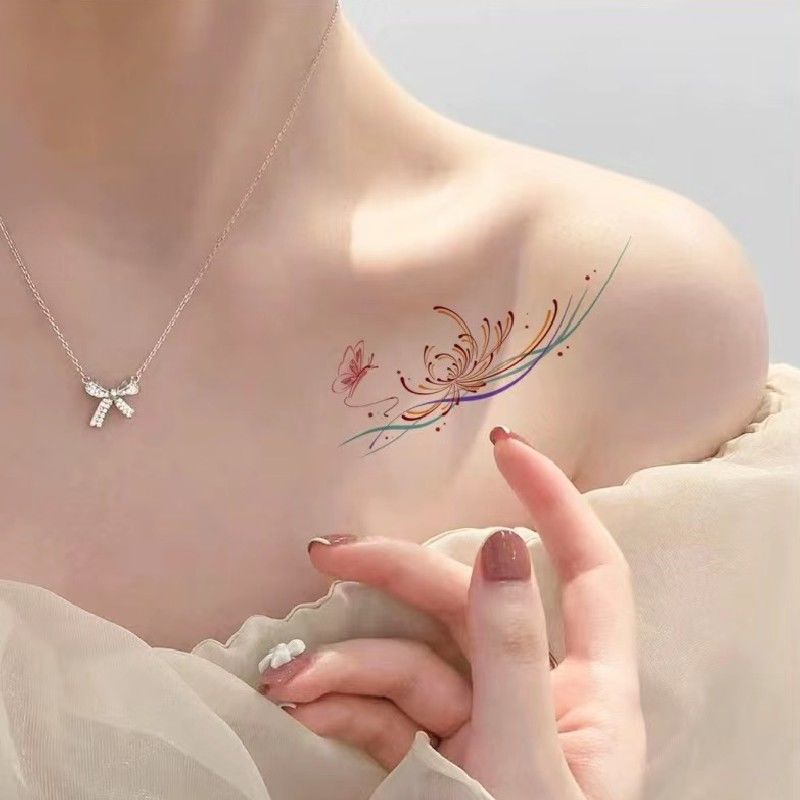 彼岸花纹身贴防水女持久仿真花锁骨胸前小图案文身贴纸
