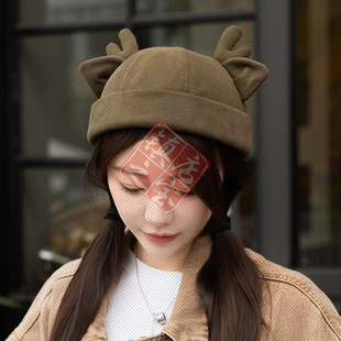 潮时尚鹿角瓜皮帽女生可爱卡通地主帽圣诞节帽子减龄小众雅痞帽男