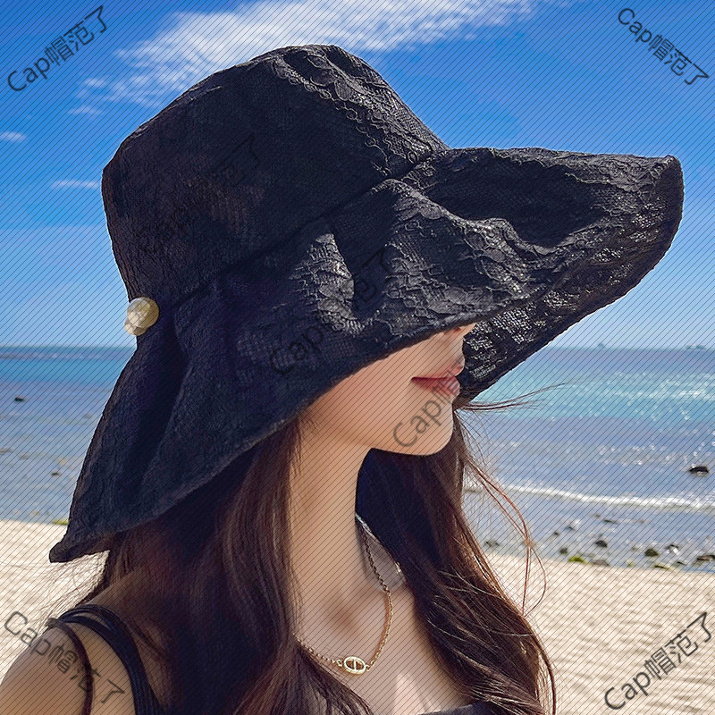 女神夏天户外大沿帽珍珠蕾丝可折叠遮阳帽韩国渔夫帽大帽檐