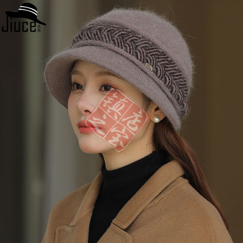 冬季新款麻花兔毛盆帽妈妈帽加绒保暖针织帽中老年洋气显年轻毛线