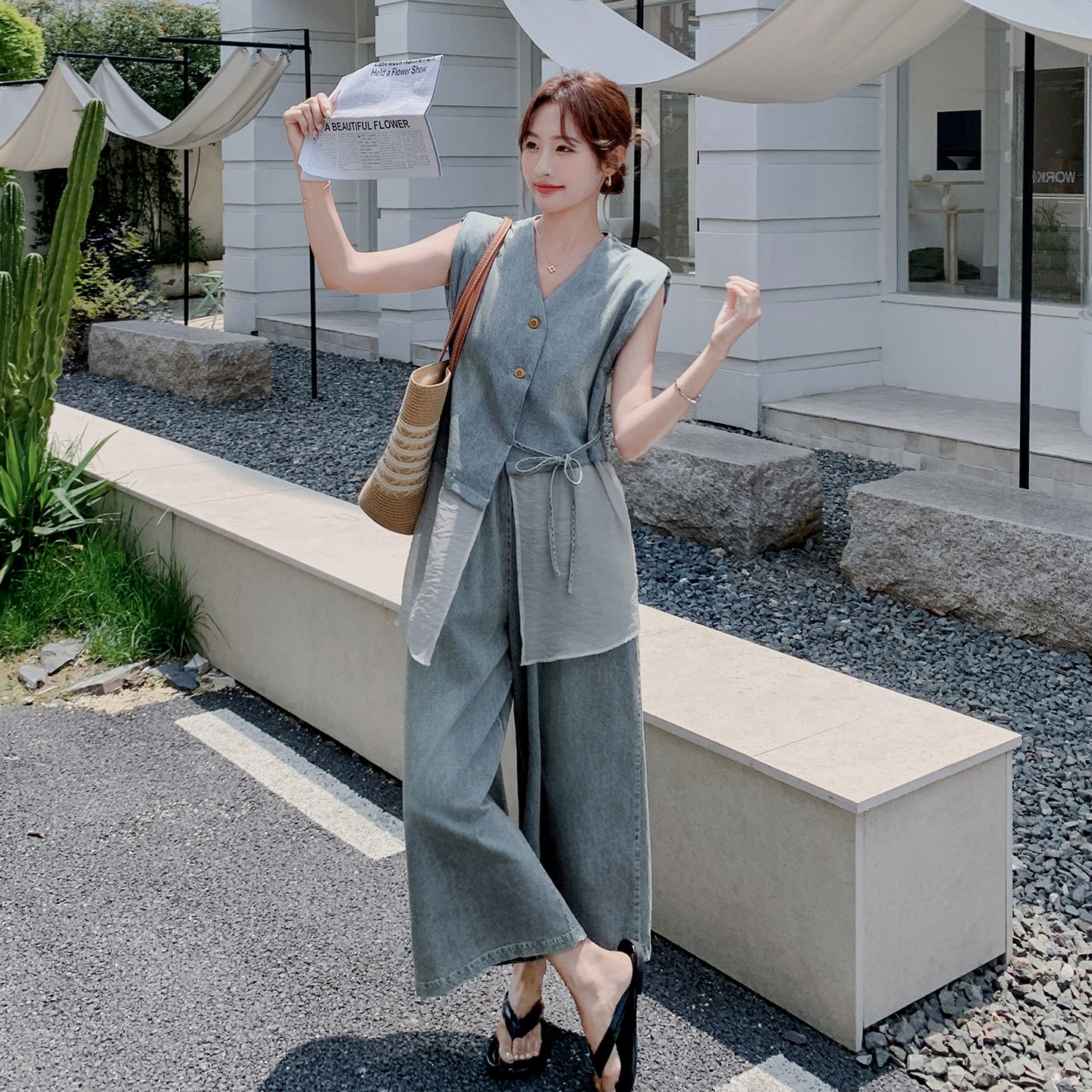 夏季海边牛仔马甲阔腿裤两件套
