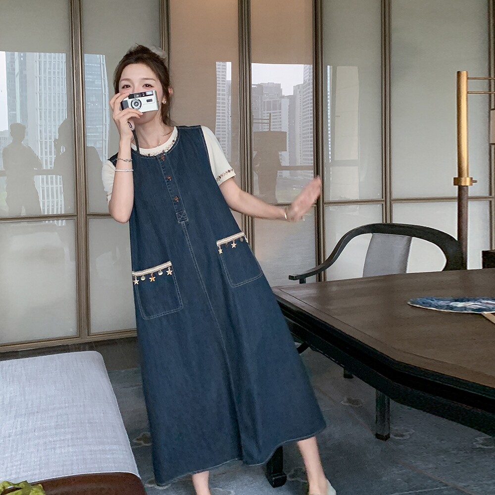 复古拼接牛仔背心裙套装2026新款女春夏独特漂亮小个子无袖连衣裙